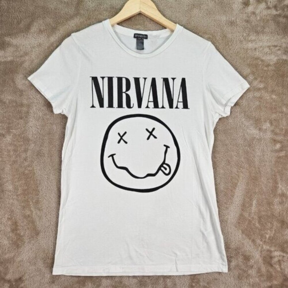 Nirvana Smiley Face T-Shirt Spell Out Logo White Tee Short Sleeve Women's Size S